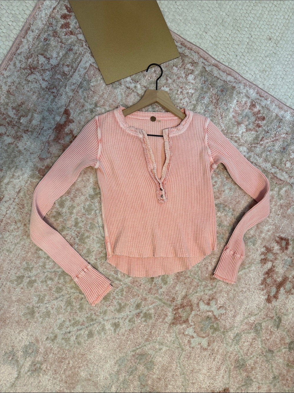 Free People size extra small Pink Waffle Knit Long-Sleeve Henley Top